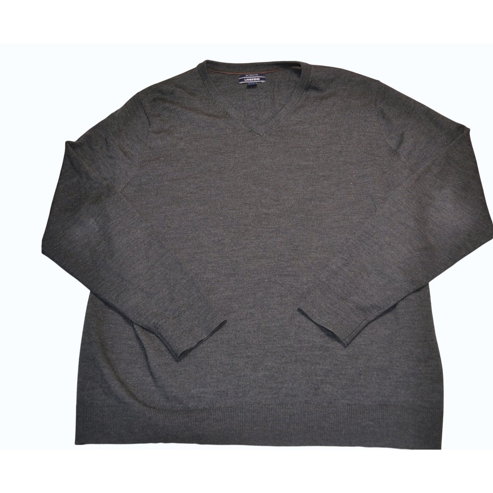 Lands' End 100% Merino Wool V Neck Sweater work Charcoal Gray XXL Men's Soft
